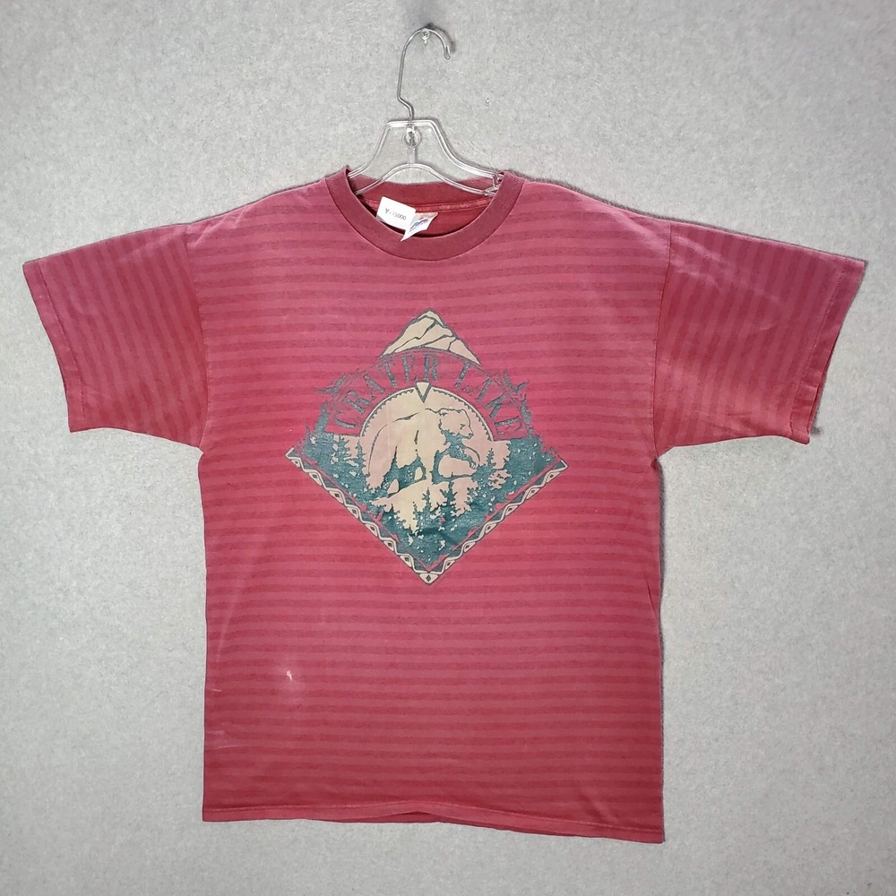 VINTAGE Crater Lake Men T-Shirt XL Red Striped Single Stitch Graphic 90s READ